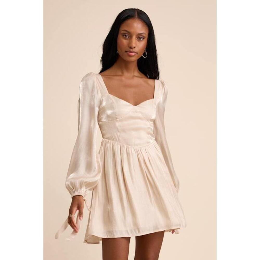 Lulus Lirenda Shiny Champagne Balloon Sleeve Tie-back Mini Dress